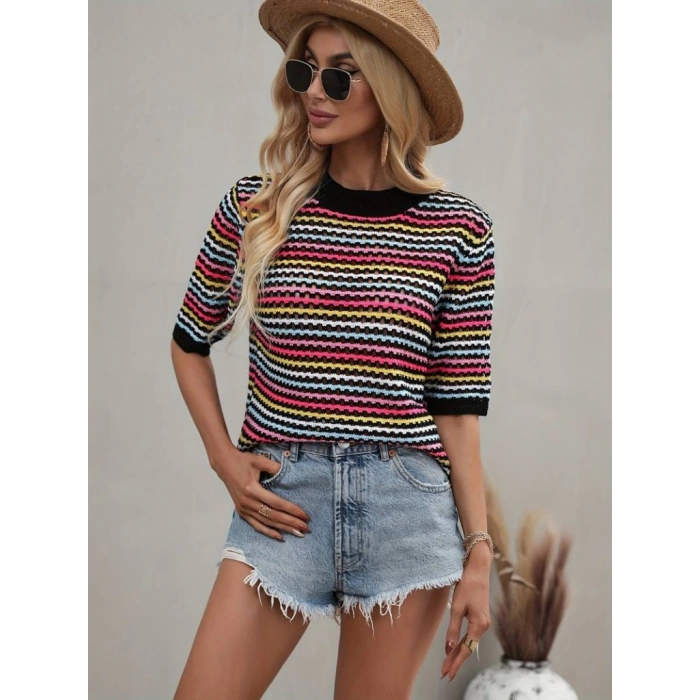 Kadın Kısa Kollu Bisiklet Yaka Renkli şerit Detaylı Triko Bluz