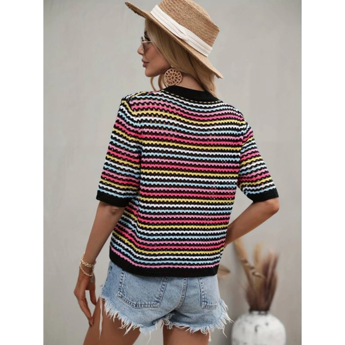 Kadın Kısa Kollu Bisiklet Yaka Renkli şerit Detaylı Triko Bluz