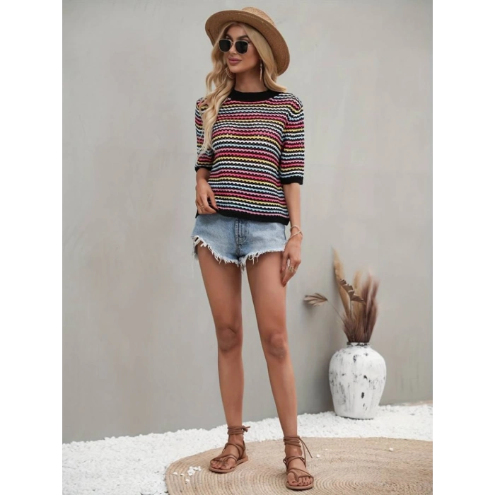 Kadın Kısa Kollu Bisiklet Yaka Renkli şerit Detaylı Triko Bluz