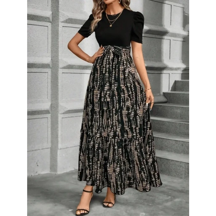 Kadın Kısa Kollu Bisiklet Yaka üst Ithal Krep Alt Süprem Maksi Boy Elbise