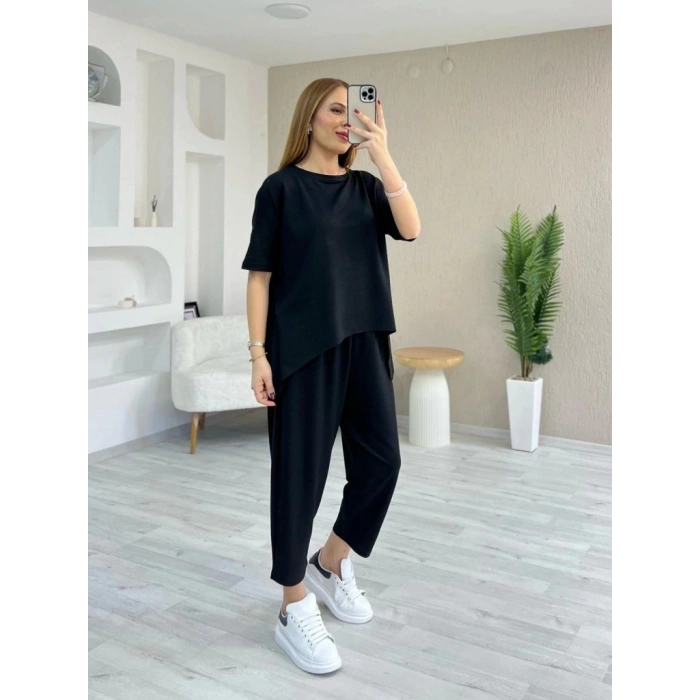 Kadın Kısa Kollu Bisiklet Yaka Viskon Iki Iplik Bluz Ve Pantolon Ikili Takım