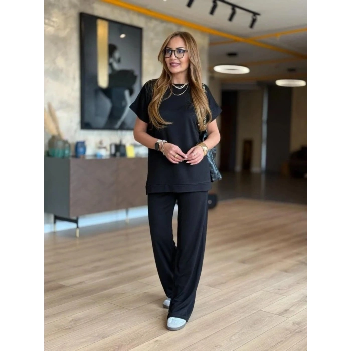 Kadın Kısa Kollu Bisiklet Yaka Viskon Iki Iplik Bluz Ve Pantolon Ikili Takım