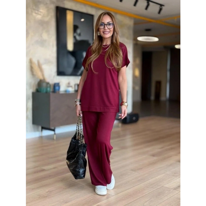 Kadın Kısa Kollu Bisiklet Yaka Viskon Iki Iplik Bluz Ve Pantolon Ikili Takım