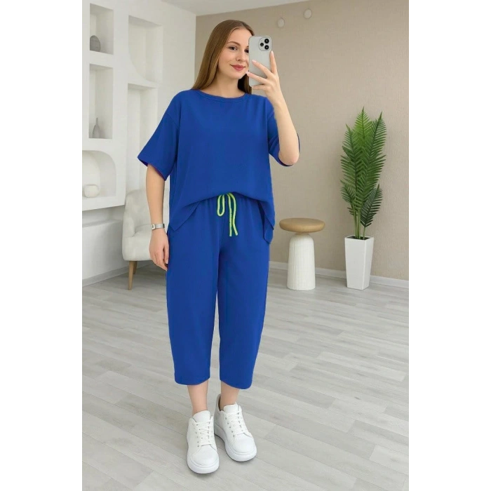 Kadın Kısa Kollu Bisiklet Yaka Viskon Iki Iplik Bluz Ve Pantolon Ikili Takım