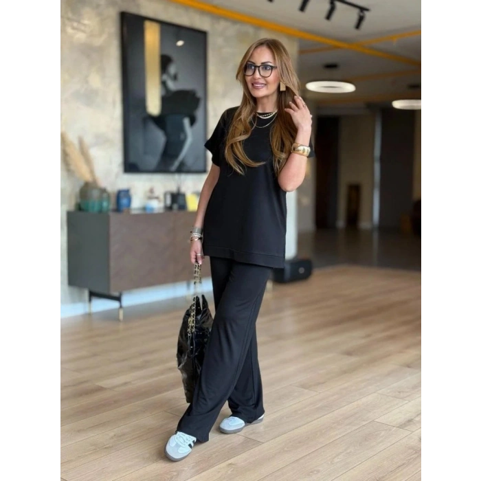 Kadın Kısa Kollu Bisiklet Yaka Viskon Iki Iplik Bluz Ve Pantolon Ikili Takım