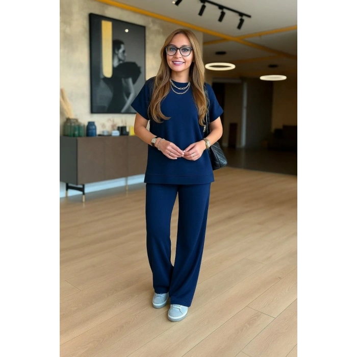 Kadın Kısa Kollu Bisiklet Yaka Viskon Iki Iplik Bluz Ve Pantolon Ikili Takım