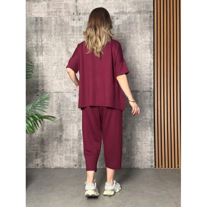 Kadın Kısa Kollu Bisiklet Yaka Viskon Iki Iplik Bluz Ve Pantolon Ikili Takım