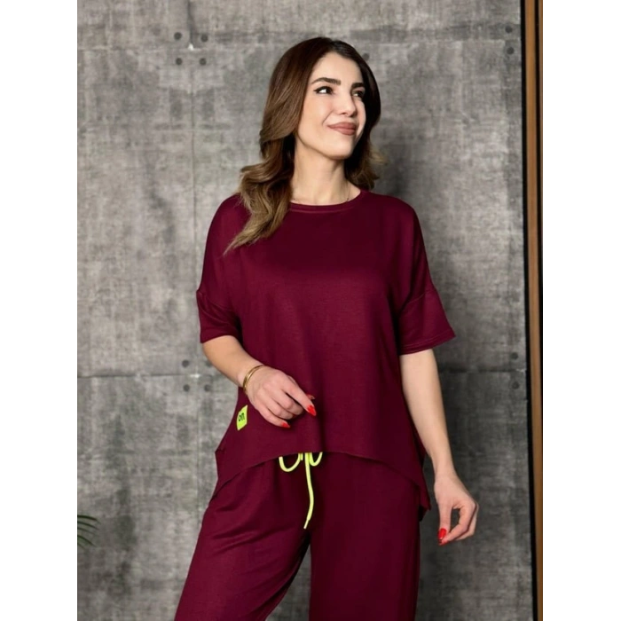 Kadın Kısa Kollu Bisiklet Yaka Viskon Iki Iplik Bluz Ve Pantolon Ikili Takım