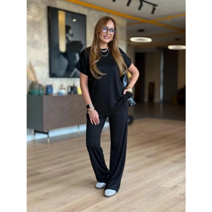 Kadın Kısa Kollu Bisiklet Yaka Viskon Iki Iplik Bluz Ve Pantolon Ikili Takım