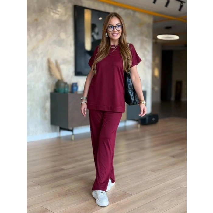 Kadın Kısa Kollu Bisiklet Yaka Viskon Iki Iplik Bluz Ve Pantolon Ikili Takım