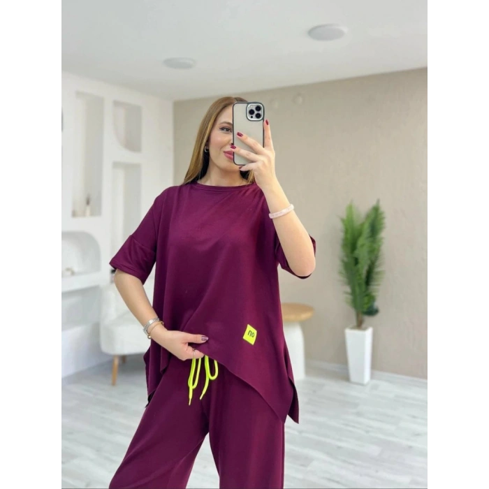 Kadın Kısa Kollu Bisiklet Yaka Viskon Iki Iplik Bluz Ve Pantolon Ikili Takım