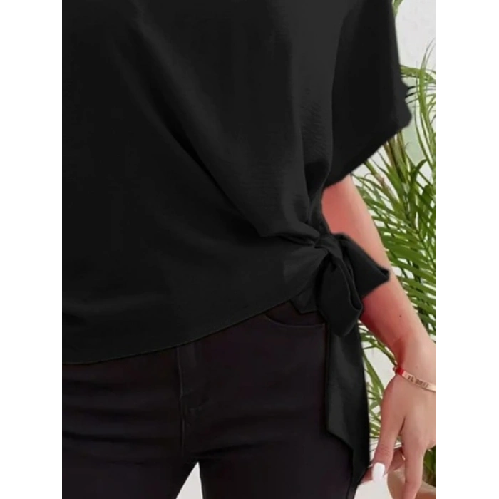 Kadın Kısa Kollu Bisiklet Yaka Yandan Bağlamalı Aerobin Bluz