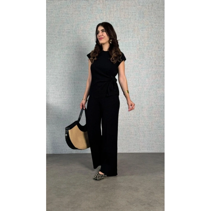 Kadın Kısa Kollu Bisiklet Yaka Yandan Bağlamalı Bürümcük Bluz Ve Pantolon Ikili Takım