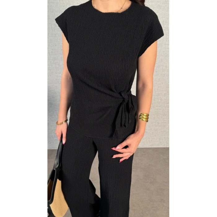 Kadın Kısa Kollu Bisiklet Yaka Yandan Bağlamalı Bürümcük Bluz Ve Pantolon Ikili Takım