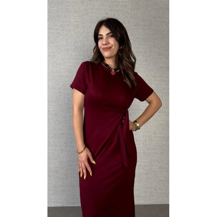 Kadın Kısa Kollu Bisiklet Yaka Yandan Bağlamalı Viskon Iki Iplik Elbise