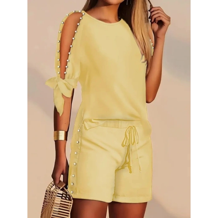 Kadın Kısa Kollu Bisiklet Yaka Yarı Açık Omuz Inci Detaylı Short Tshirt Viskon Ikili Takım