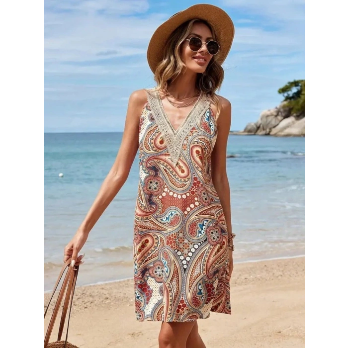 Kadın Kısa Kollu Dantel V Yakalı Desenli Süprem Elbise