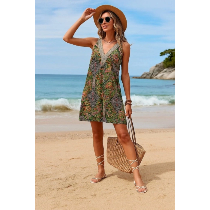 Kadın Kısa Kollu Dantel V Yakalı Desenli Süprem Elbise