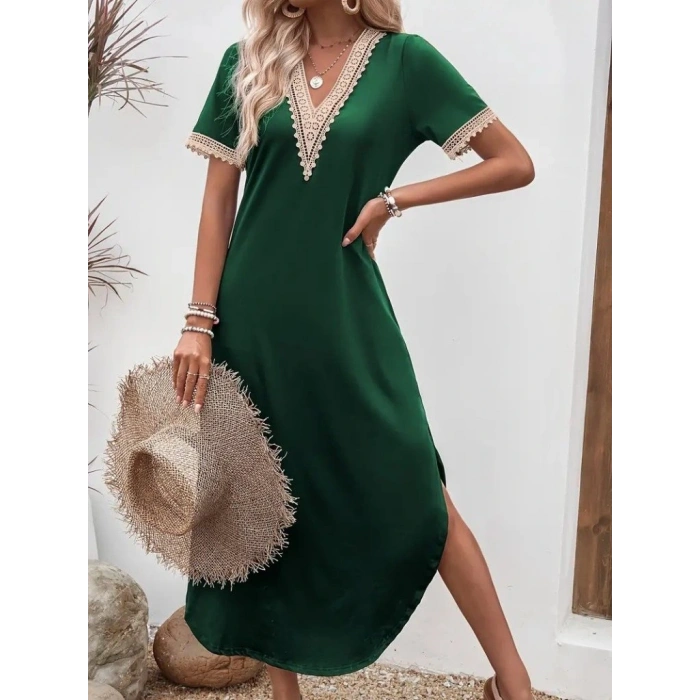 Kadın Kısa Kollu Dantel V Yakalı Uzun Viskon Elbise