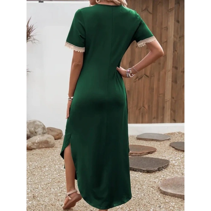 Kadın Kısa Kollu Dantel V Yakalı Uzun Viskon Elbise