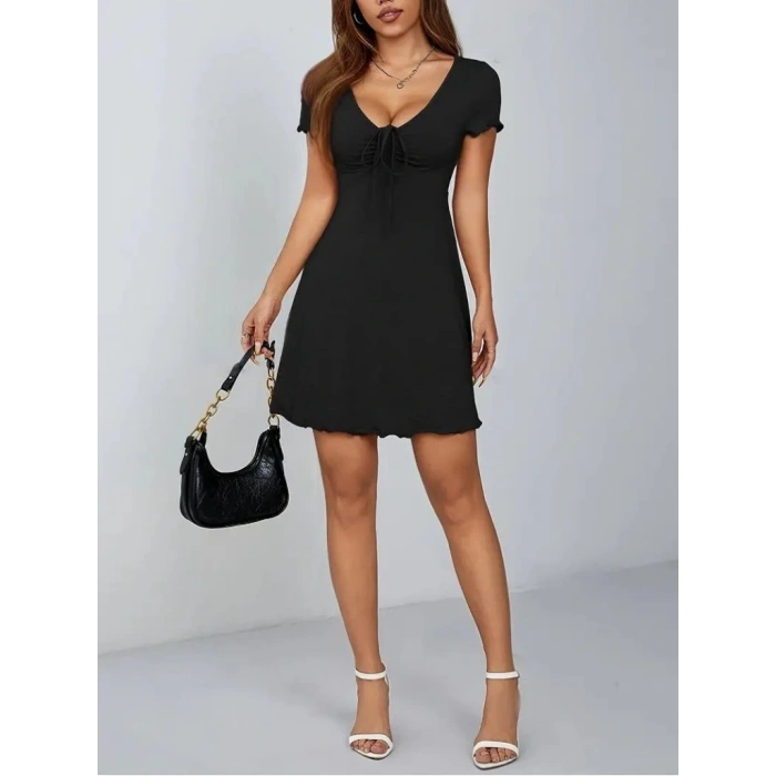 Kadın Kısa Kollu Derin Büzgülü V Yakalı Viskon Elbise