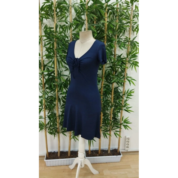 Kadın Kısa Kollu Derin Büzgülü V Yakalı Viskon Elbise