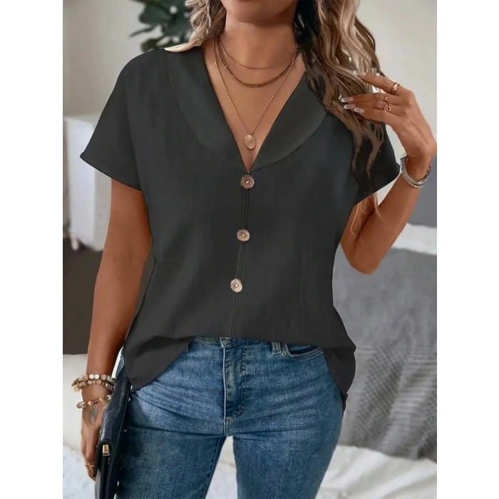Kadın Kısa Kollu Derin V Yakalı Düğmeli Ithal Keten Bluz