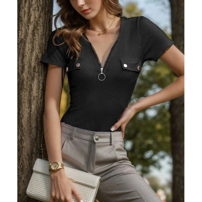 Kadın Kısa Kollu Fermuarlı Cep Detay Kaşkorse Bluz