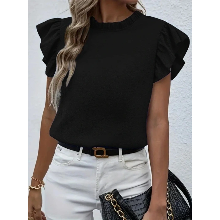 Kadın Kısa Kollu Fırfır Yakalı Bürümcük Bluz