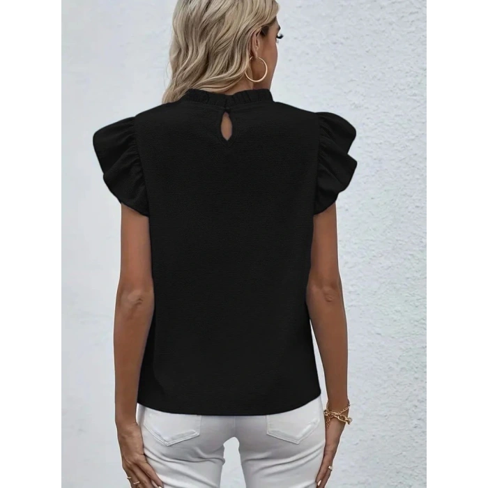 Kadın Kısa Kollu Fırfır Yakalı Bürümcük Bluz