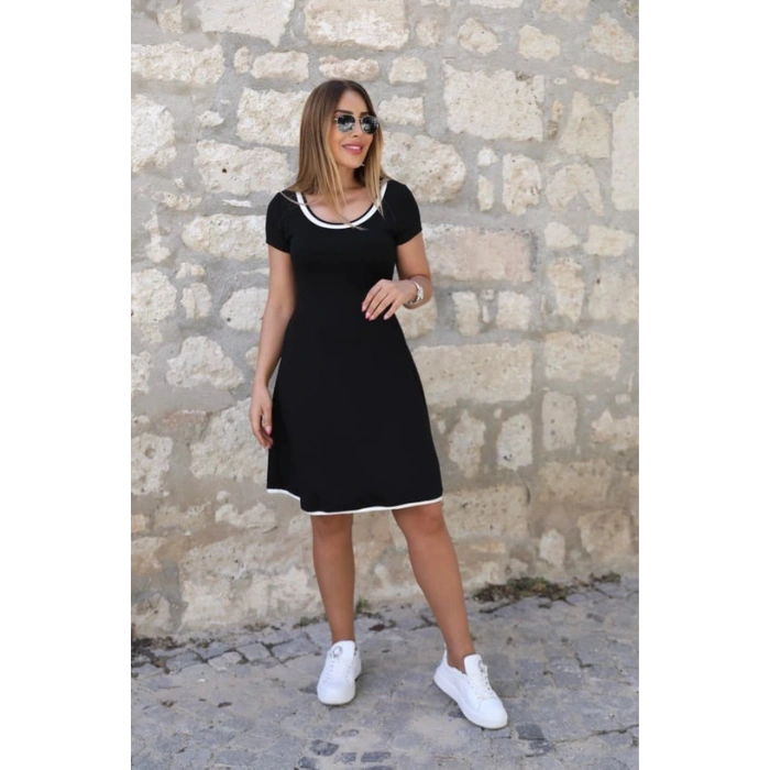 Kadın Kısa Kollu Geniş Yuvarlak Yaka Viskon Elbise