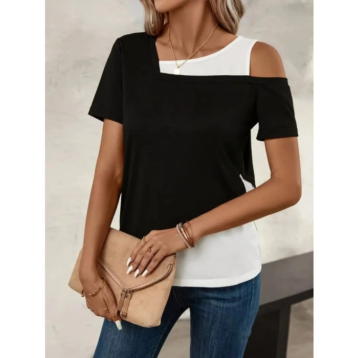 Kadın Kısa Kollu Geometrik Kesin Detaylı çift Renkli Viskon Bluz