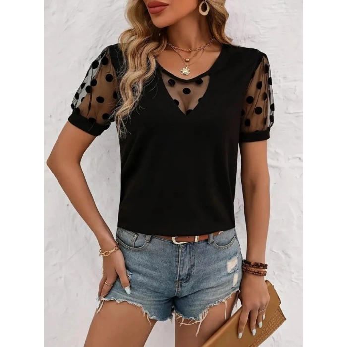 Kadın Kısa Kollu Göğüs Damla Ve Puantiyeli Tül Detaylı Viskon Bluz