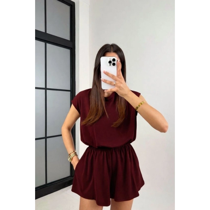 Kadın Kısa Kollu Hafif ırt Dekolteli odal şort Tulum