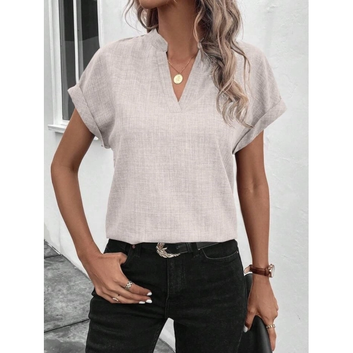 Kadın Kısa Kollu Hakim Yaka Keten Bluz