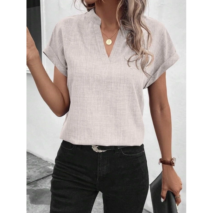 Kadın Kısa Kollu Hakim Yaka Keten Bluz
