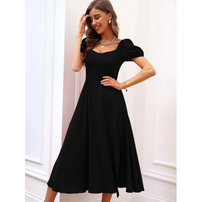 Kadın Kısa Kollu Kare Yakalı Yırtmaçlı Midi Janjan Krep Elbise