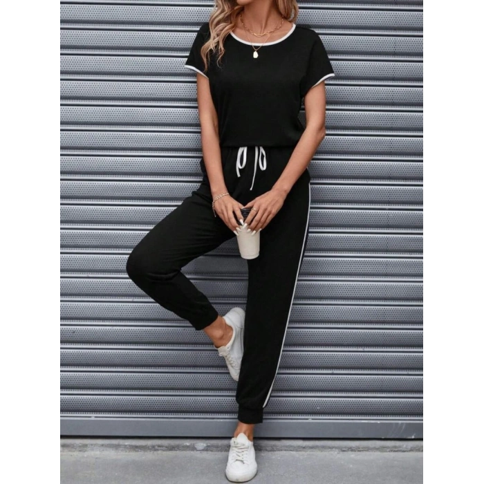 Kadın Kısa Kollu Kayık Yaka Viskon Iki Iplik Bluz Ve Bağcıklı Pantolon Ikili Takım