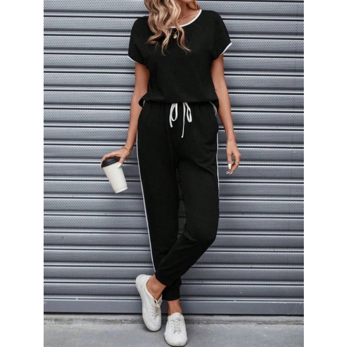 Kadın Kısa Kollu Kayık Yaka Viskon Iki Iplik Bluz Ve Bağcıklı Pantolon Ikili Takım