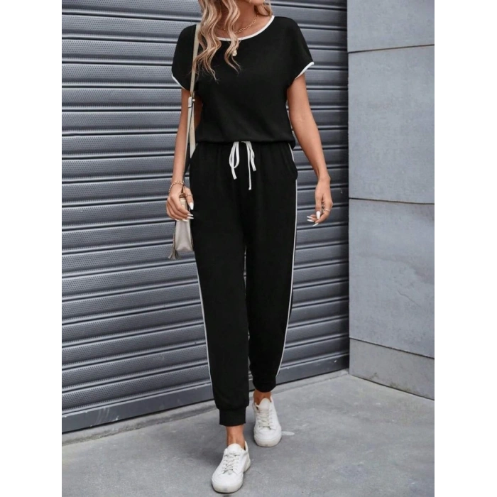 Kadın Kısa Kollu Kayık Yaka Viskon Iki Iplik Bluz Ve Bağcıklı Pantolon Ikili Takım