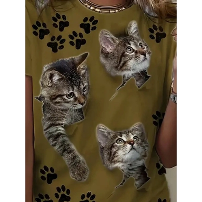 Kadın Kısa Kollu Kedi Ve Pati Baskılı Süprem Tshirt