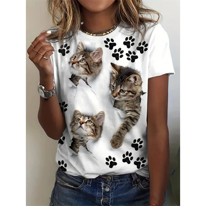 Kadın Kısa Kollu Kedi Ve Pati Baskılı Süprem Tshirt