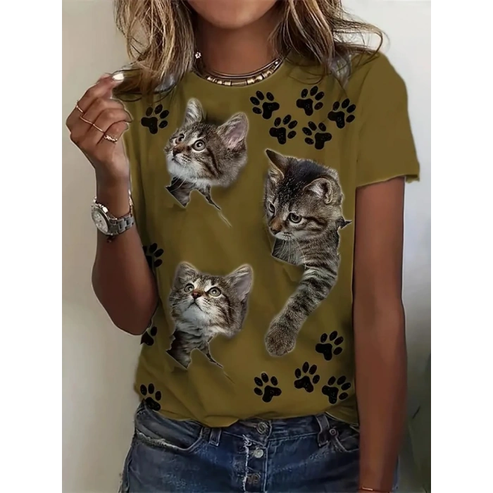 Kadın Kısa Kollu Kedi Ve Pati Baskılı Süprem Tshirt