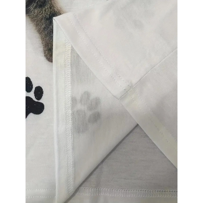 Kadın Kısa Kollu Kedi Ve Pati Baskılı Süprem Tshirt