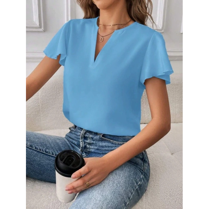 Kadın Kısa Kollu Kelebek Kollu V Yakalı Sandy Bluz