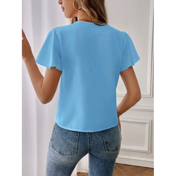Kadın Kısa Kollu Kelebek Kollu V Yakalı Sandy Bluz