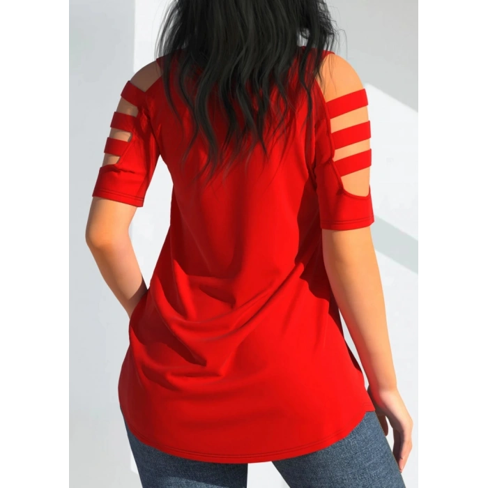 Kadın Kısa Kollu Kollar şerit Detay V Yaka Viskon Bluz