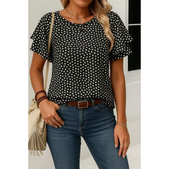 Kadın Kısa Kollu Kolları Volanlı Baskılı Süprem Bluz