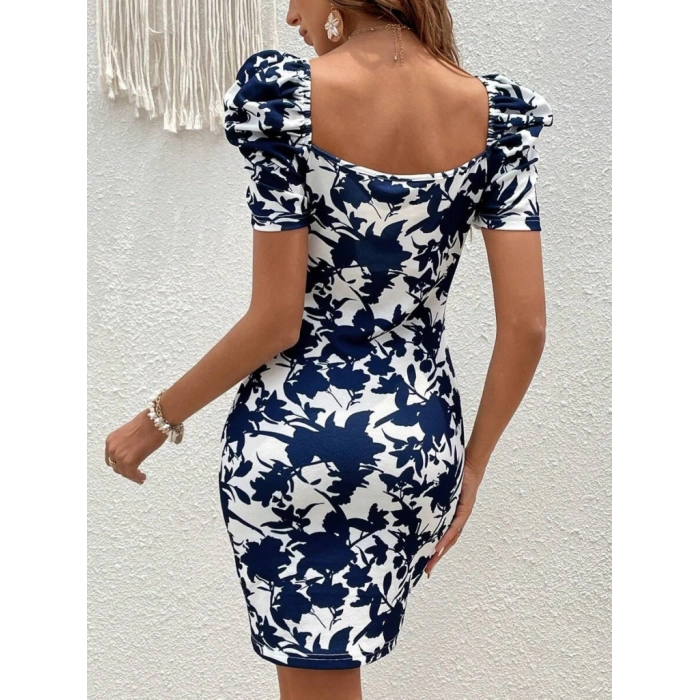 Kadın Kısa Kollu Kruvaze Yakalı çiçek Baskılı Süprem Elbise