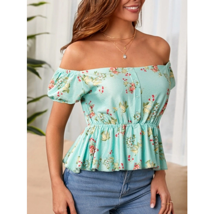 Kadın Kısa Kollu Madonna Yaka çiçek Desenli Düğme Detay Gipeli üprem Kumaş Bluz